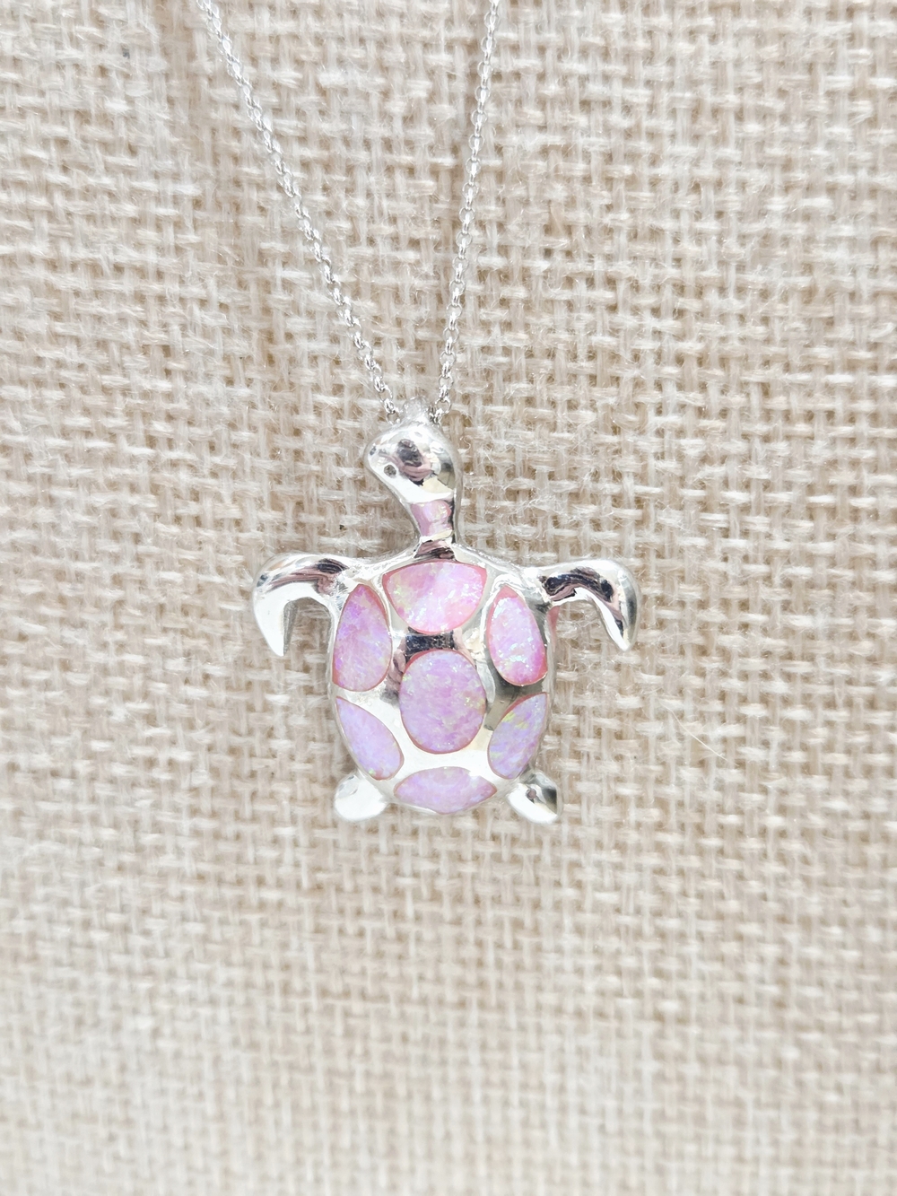Sterling Silver Pink Opal Turtle Pendant Necklace - Picture 2 of 4